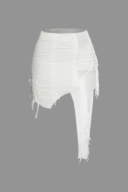 MICAS Skirt Sets|Vacation Sets-Distressed Halter Cami Top And Asymmetrical Mini Skirt Set WHITE