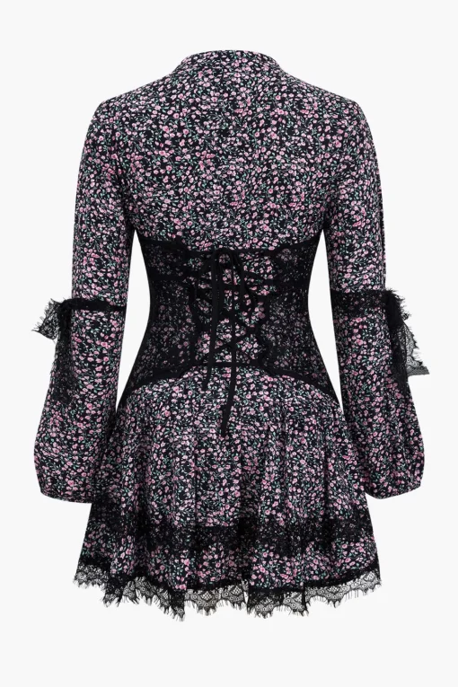 MICAS Long Sleeve Dresses|Mini Dresses-Ditsy Floral Print Lace Trim Corset Long Sleeve Mini Dress