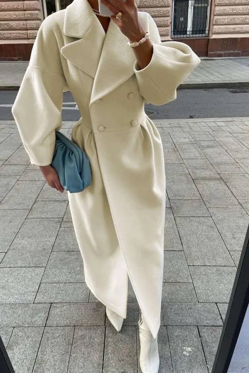 MICAS Outerwear|Outerwear-Double Breasted Long Trench Coat WHITE