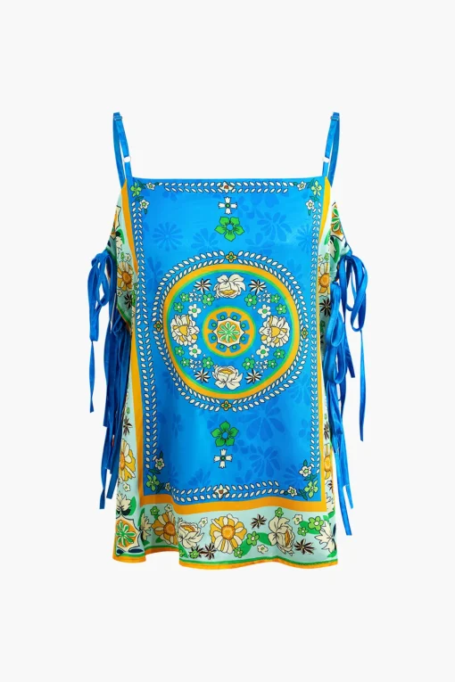 MICAS Pant Sets-Ethnic Print Satin Knotted Cami Top and Wide Leg Pants Set BLUE