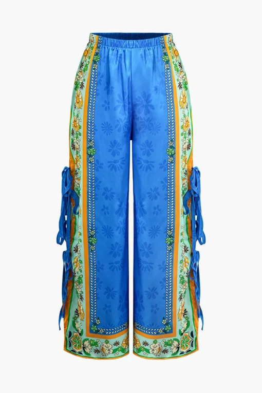 MICAS Pant Sets-Ethnic Print Satin Knotted Cami Top and Wide Leg Pants Set BLUE