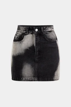MICAS Skirts-Faded Denim Pocket Button Skirt BLACK