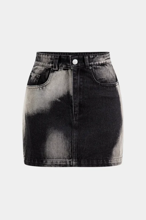 MICAS Skirts-Faded Denim Pocket Button Skirt BLACK