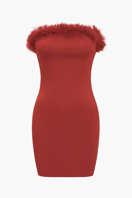 MICAS Mini Dresses-Faux Fur Strapless Mini Dress RED