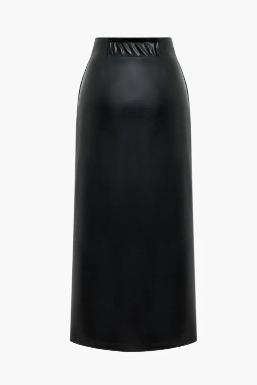 MICAS Skirts-Faux Leather Asymmetrical High Waist Tie-Up Skirt BLACK
