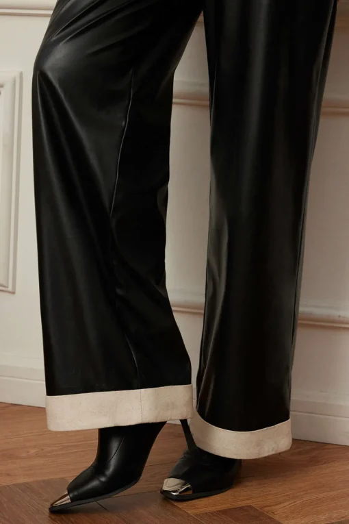 MICAS Pants-Faux Leather Asymmetrical Patchwork Trousers BLACK