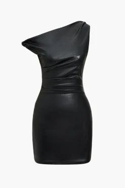 MICAS Mini Dresses-Faux Leather Asymmetrical Twist Knot Zipper Mini Dress BLACK
