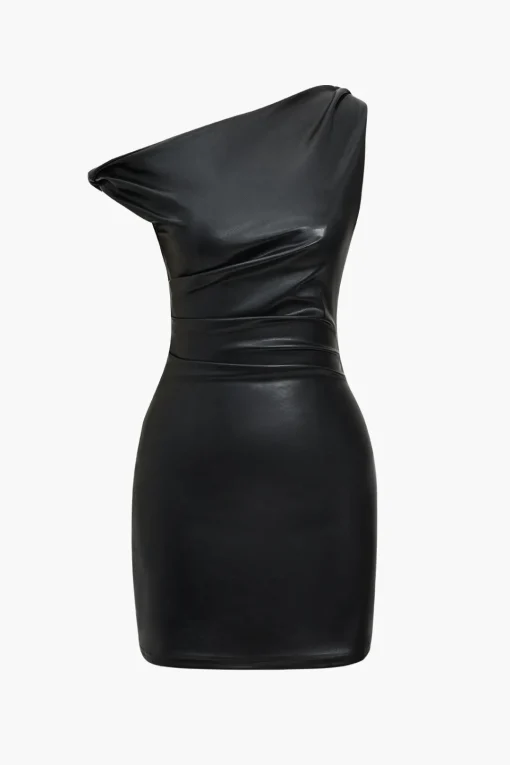 MICAS Mini Dresses-Faux Leather Asymmetrical Twist Knot Zipper Mini Dress BLACK