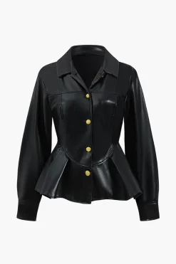 MICAS Outerwear|Outerwear-Faux Leather Button Ruched Jacket BLACK