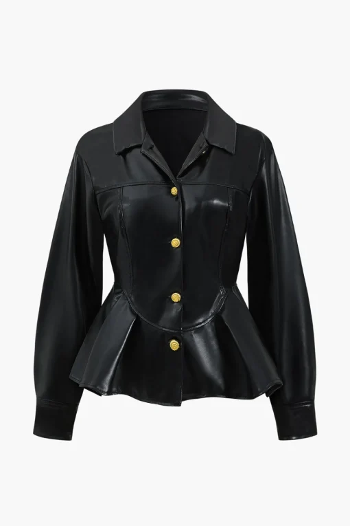 MICAS Outerwear|Outerwear-Faux Leather Button Ruched Jacket BLACK