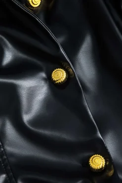 MICAS Outerwear|Outerwear-Faux Leather Button Ruched Jacket BLACK