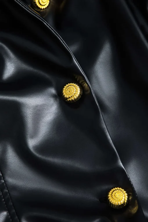 MICAS Outerwear|Outerwear-Faux Leather Button Ruched Jacket BLACK