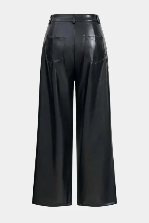 MICAS Pants-Faux Leather Button Wide Leg Trousers BLACK