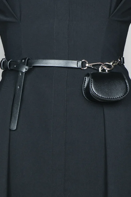 MICAS Accessories-Faux Leather Chain Mini Pocket Waist Belt BLACK