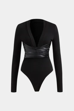 MICAS Bodysuits-Faux Leather Crossed V-Neck Long Sleeve Bodysuit BLACK
