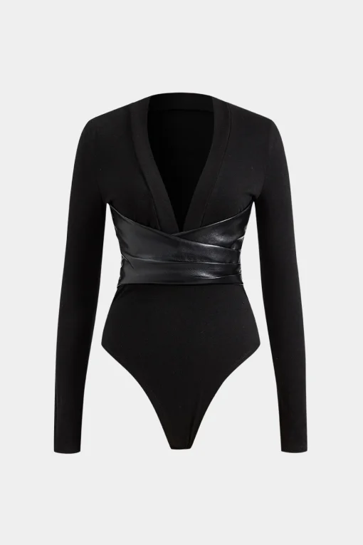 MICAS Bodysuits-Faux Leather Crossed V-Neck Long Sleeve Bodysuit BLACK