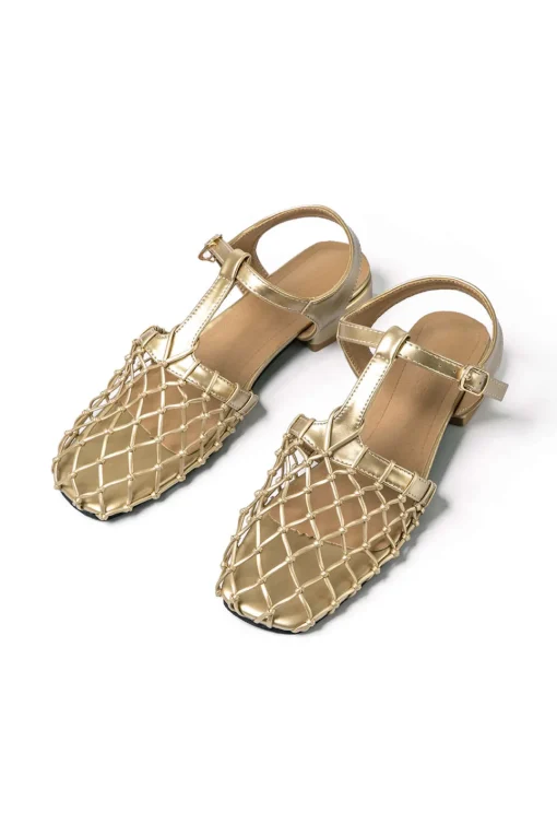 MICAS Shoes|Shoes-Faux Leather Cut Out Square Toe Low Heel Sandals PURE GOLD
