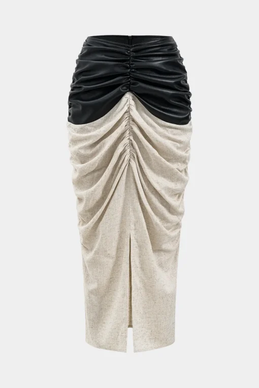 MICAS Skirts-Faux Leather Linen Patchwork Ruched Skirt WHEAT