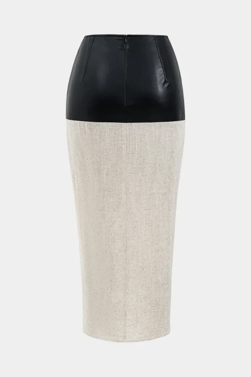 MICAS Skirts-Faux Leather Linen Patchwork Ruched Skirt WHEAT