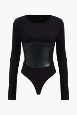 MICAS Bodysuits-Faux Leather Long Sleeve Patchwork Bodysuit BLACK