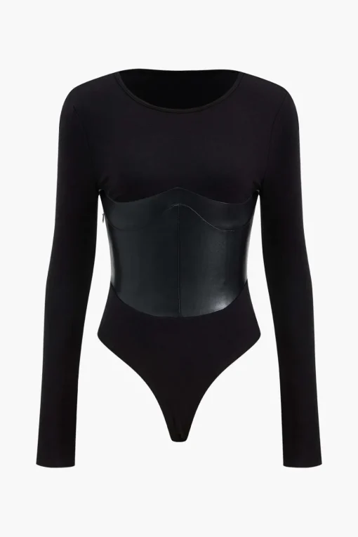 MICAS Bodysuits-Faux Leather Long Sleeve Patchwork Bodysuit BLACK