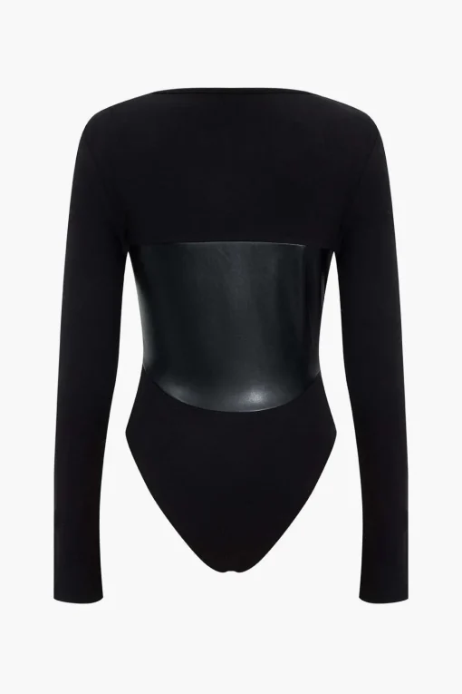 MICAS Bodysuits-Faux Leather Long Sleeve Patchwork Bodysuit BLACK