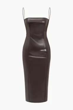 MICAS Midi Dresses-Faux Leather Low Back Slit Midi Dress BROWN