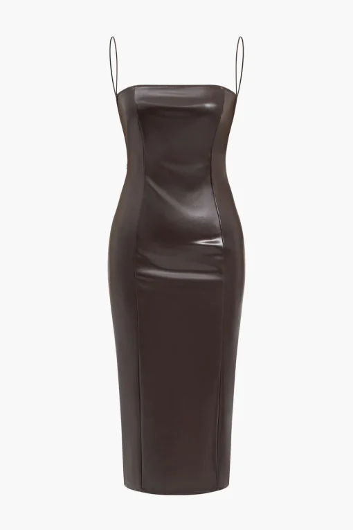 MICAS Midi Dresses-Faux Leather Low Back Slit Midi Dress BROWN
