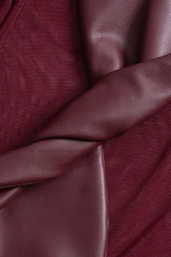 MICAS Bodysuits-Faux Leather Mesh Patchwork Twist Knot Long Sleeve Bodysuit BURGUNDY