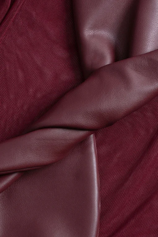 MICAS Bodysuits-Faux Leather Mesh Patchwork Twist Knot Long Sleeve Bodysuit BURGUNDY