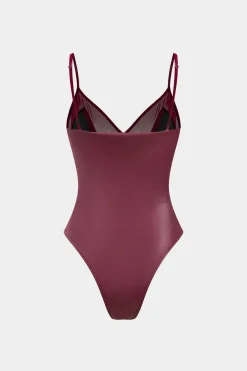 MICAS Bodysuits-Faux Leather Mesh Patchwork Sleeveless Bodysuit BURGUNDY