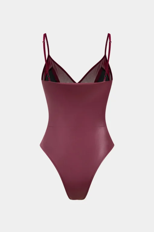 MICAS Bodysuits-Faux Leather Mesh Patchwork Sleeveless Bodysuit BURGUNDY