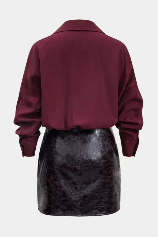 MICAS Long Sleeve Dresses|Mini Dresses-Faux Leather Metallic Patchwork Long Sleeve Mini Dress BURGUNDY