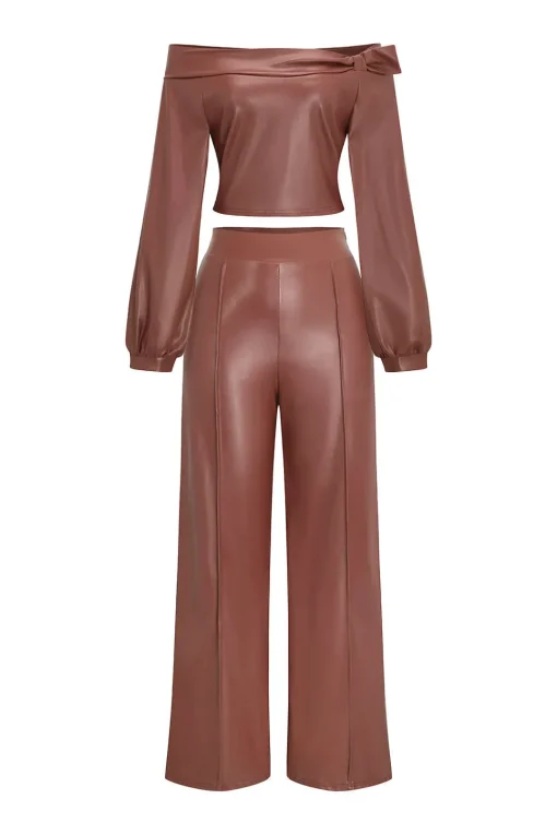 MICAS Pant Sets-Faux Leather Off Shoulder Top And Wide Leg Trousers Set LIGHT CORAL
