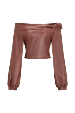 MICAS Pant Sets-Faux Leather Off Shoulder Top And Wide Leg Trousers Set LIGHT CORAL