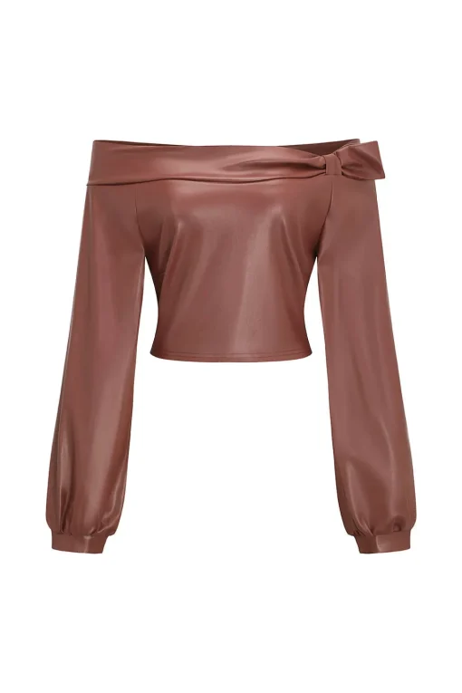 MICAS Pant Sets-Faux Leather Off Shoulder Top And Wide Leg Trousers Set LIGHT CORAL