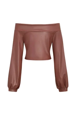 MICAS Pant Sets-Faux Leather Off Shoulder Top And Wide Leg Trousers Set LIGHT CORAL