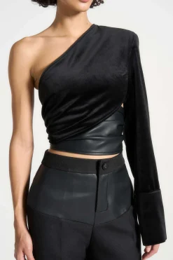 MICAS Long Sleeve Tops|Long Sleeves Tops-Faux Leather Patchwork Asymmetrical Long-Sleeve Top BLACK