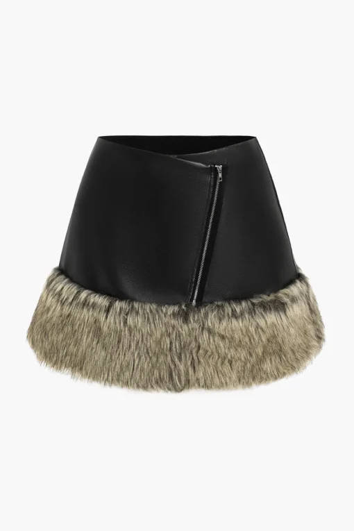 MICAS Skirts-Faux Leather Patchwork Fur Skirt BLACK