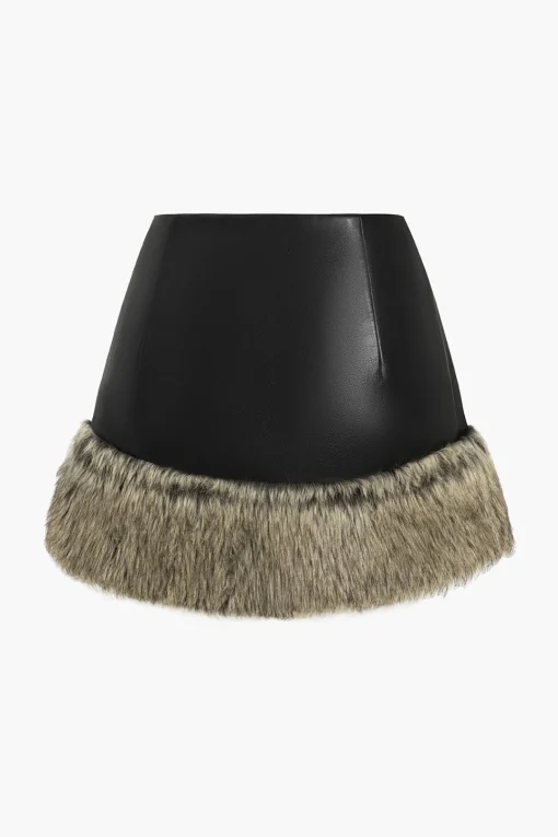 MICAS Skirts-Faux Leather Patchwork Fur Skirt BLACK