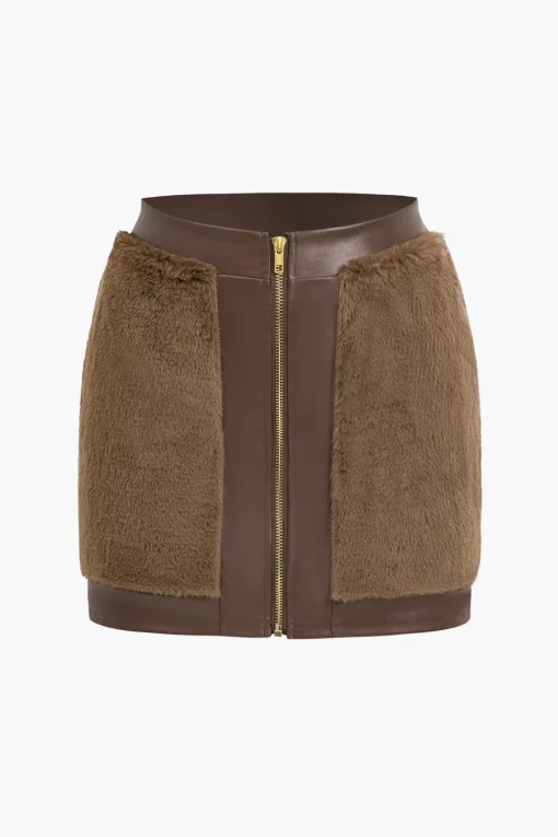 MICAS Skirt Sets-Faux Leather Patchwork Fur Skirt Set