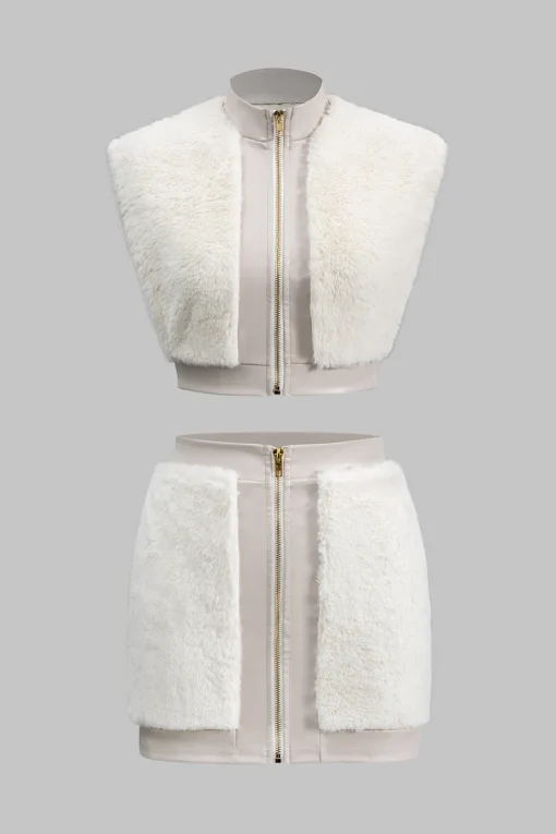MICAS Skirt Sets-Faux Leather Patchwork Fur Skirt Set