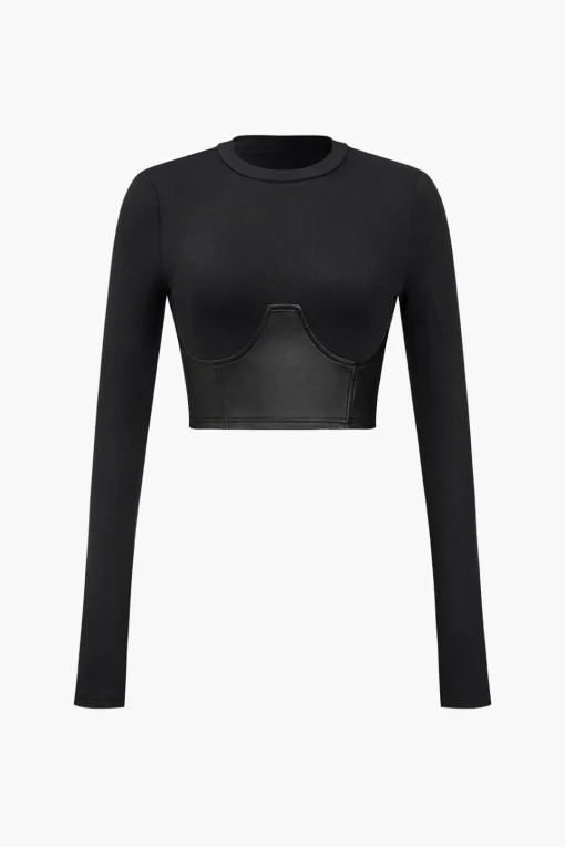 MICAS Long Sleeve Tops|Long Sleeves Tops-Faux Leather Patchwork Long-Sleeve Top