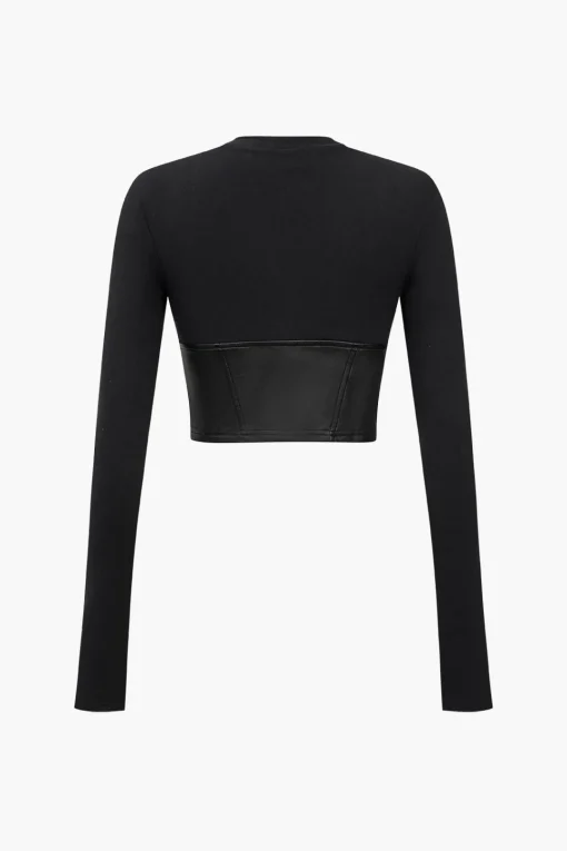 MICAS Long Sleeve Tops|Long Sleeves Tops-Faux Leather Patchwork Long-Sleeve Top
