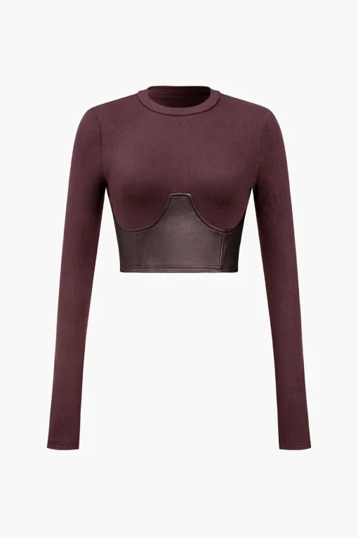 MICAS Long Sleeve Tops|Long Sleeves Tops-Faux Leather Patchwork Long-Sleeve Top