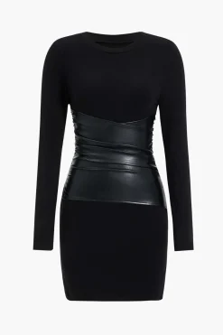 MICAS Long Sleeve Dresses|Mini Dresses-Faux Leather Patchwork Long Sleeve Mini Dress