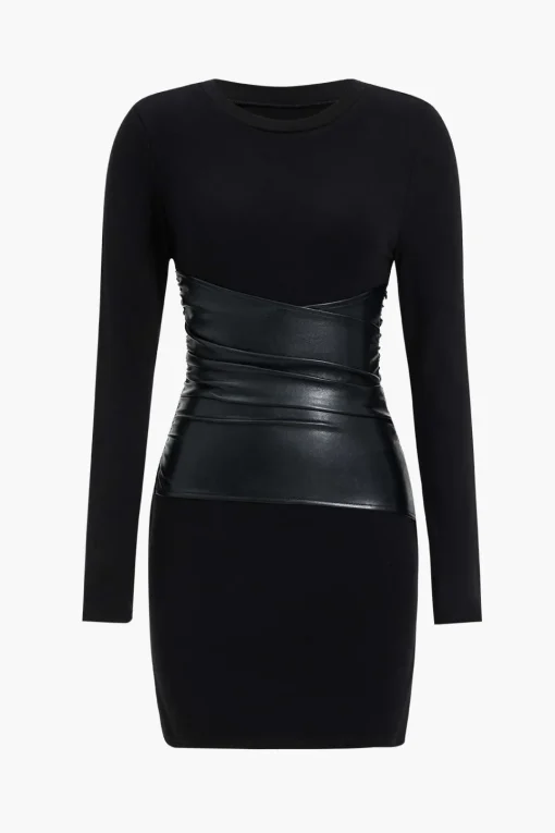 MICAS Long Sleeve Dresses|Mini Dresses-Faux Leather Patchwork Long Sleeve Mini Dress