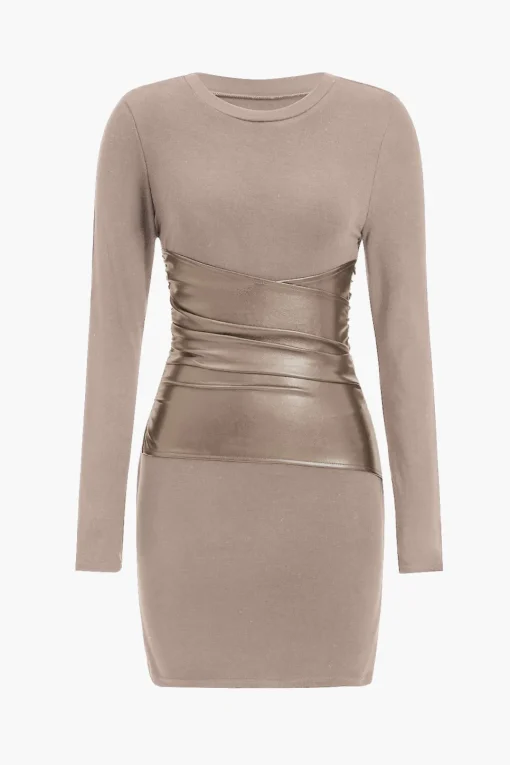 MICAS Long Sleeve Dresses|Mini Dresses-Faux Leather Patchwork Long Sleeve Mini Dress