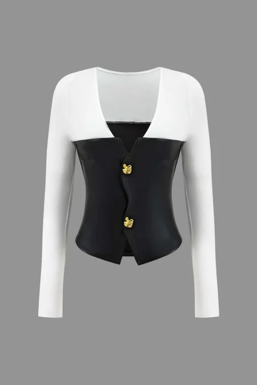MICAS Long Sleeve Tops|Long Sleeves Tops-Faux Leather Patchwork Metallic Button Long-Sleeve Top BLACK