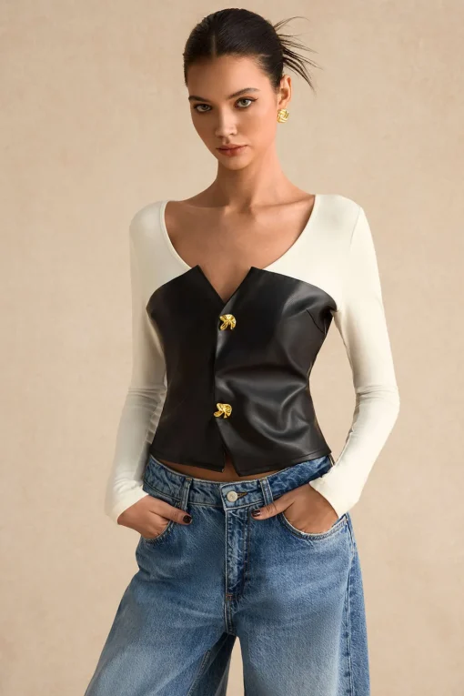 MICAS Long Sleeve Tops|Long Sleeves Tops-Faux Leather Patchwork Metallic Button Long-Sleeve Top BLACK